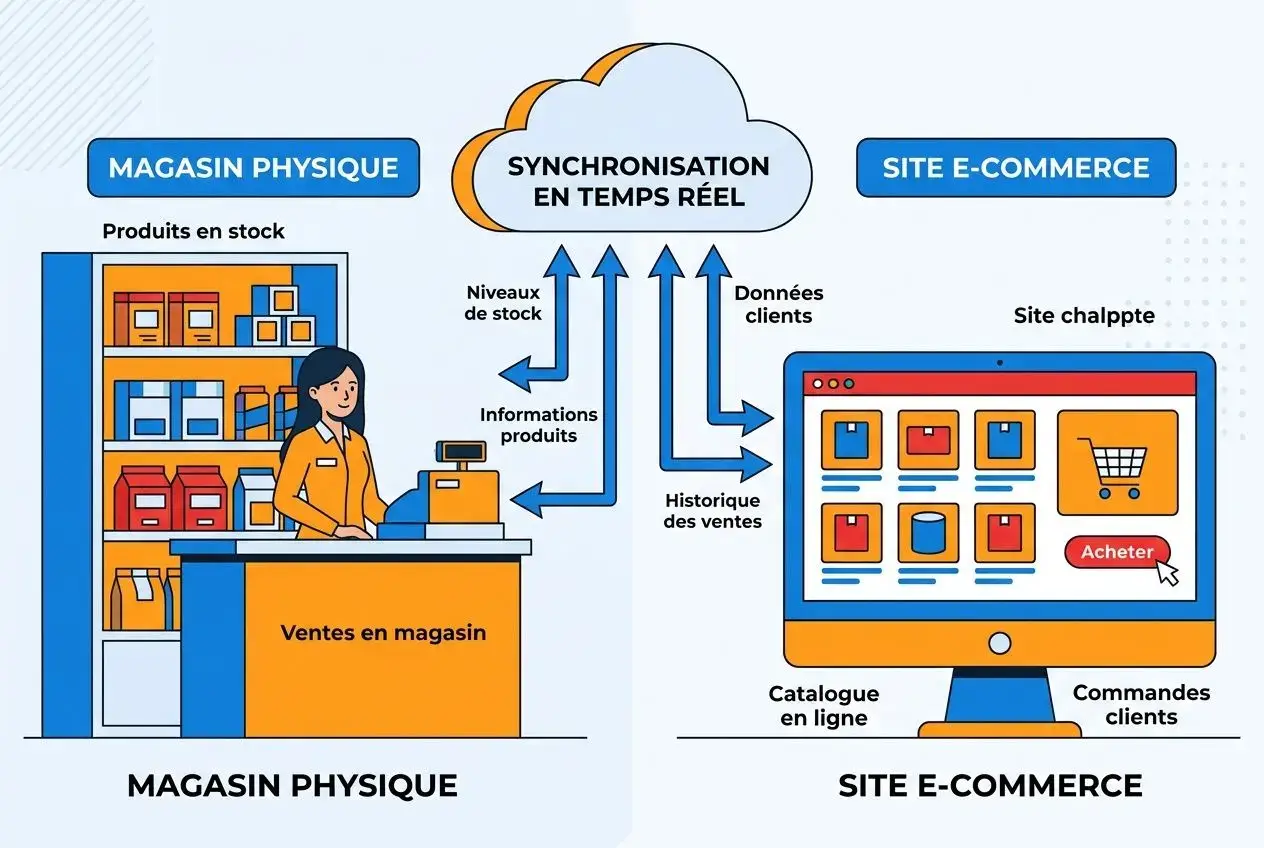 Synchronisation vente en ligne magasin: illustration d’un magasin physique connecté à un site e‑commerce via un flux de données en temps réel, avec stocks, commandes et historique des ventes.