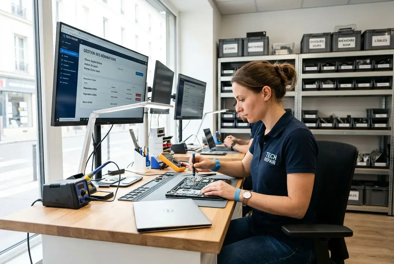 Technicienne dans un atelier réparation, analyse d’un appareil électronique devant deux écrans et outils, ambiance bureau. Atelier réparation logiciel cloud intégré et gestion SAV.