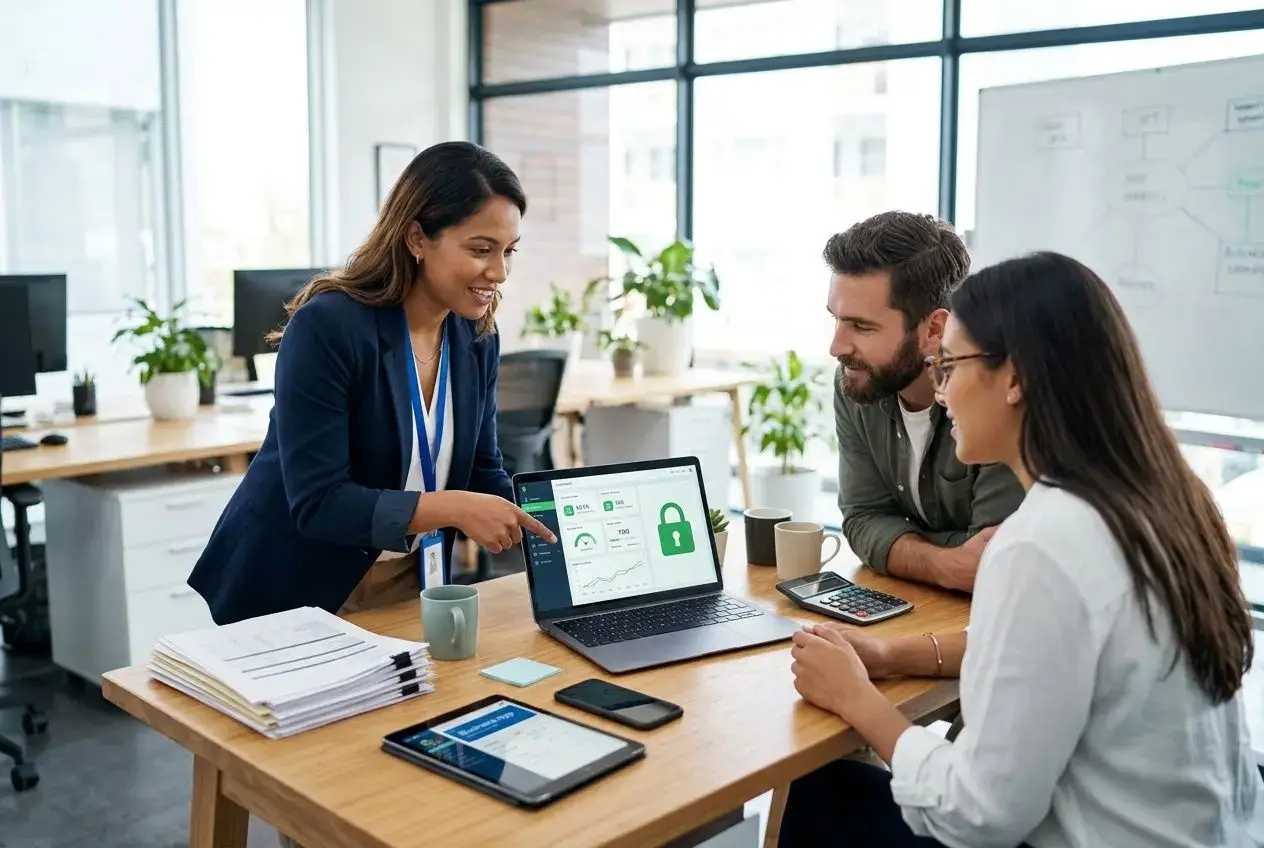 Trois professionnels discutent autour d’un ordinateur portable montrant un symbole de sécurité, dans un bureau lumineux. Ils échangent autour d’un sujet lié à la facture électronique, en présence de documents et tablettes.