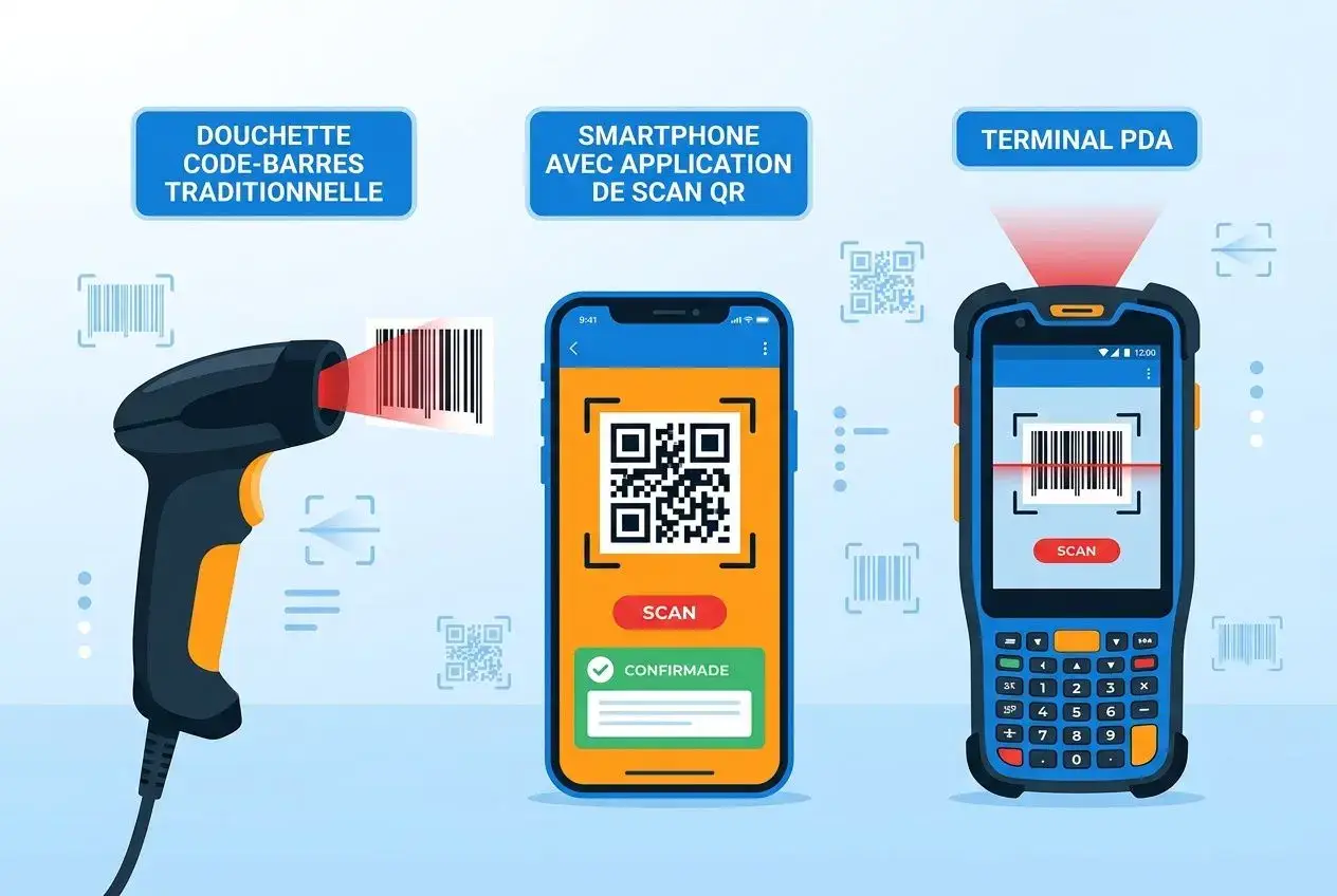 Utilisation d’un lecteur code-barres et smartphone pour la gestion stock code barre avec PDA, scan et inventaire.