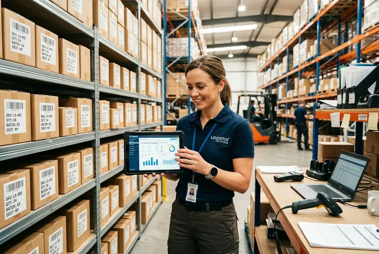 Agent logistique utilisant une tablette dans un entrepôt, vérifiant les stocks et la synchronisation ecommerce gestion stocks.