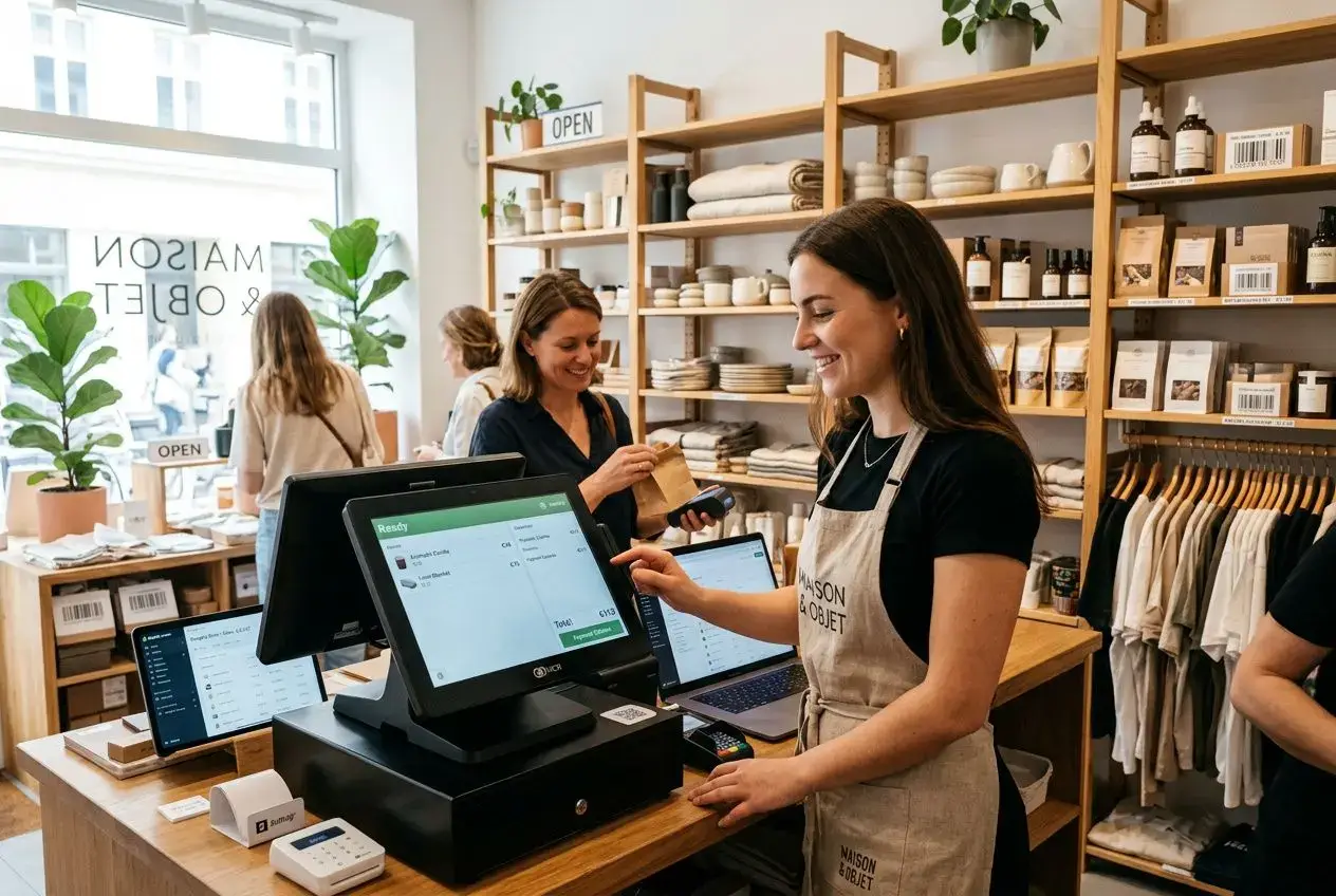 Caissier utilisant un logiciel caisse ecommerce intégré au comptoir d’un magasin, avec clients et étagères en arrière-plan.