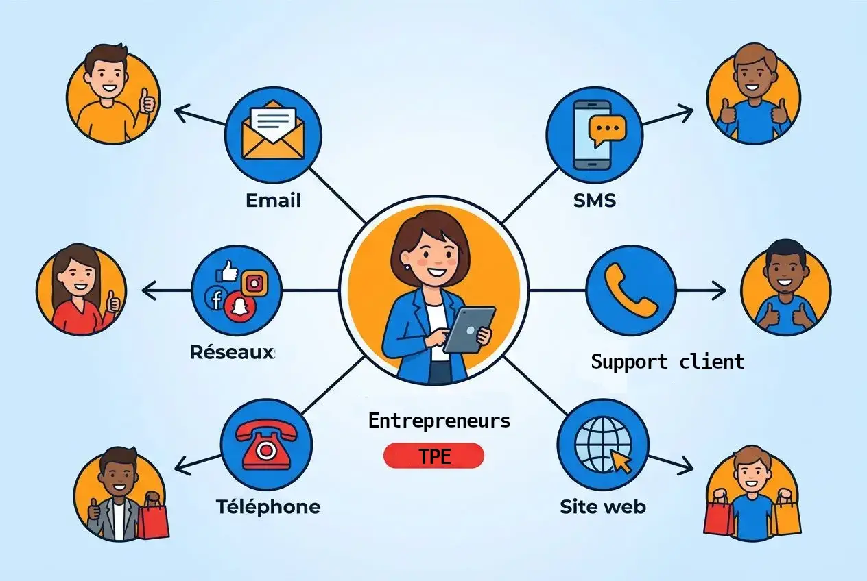 Centre interactive montrant un entrepreneur entouré de services (Email, SMS, Réseaux, Support client, Site web, Téléphone, Email) et clients externes multipliant les canaux. TPE. Centre interactive montrant un entrepreneur entouré de services (Email, SMS, Réseaux, Support client, Site web, Téléphone, Email) et clients externes multipliant les canaux. TPE.