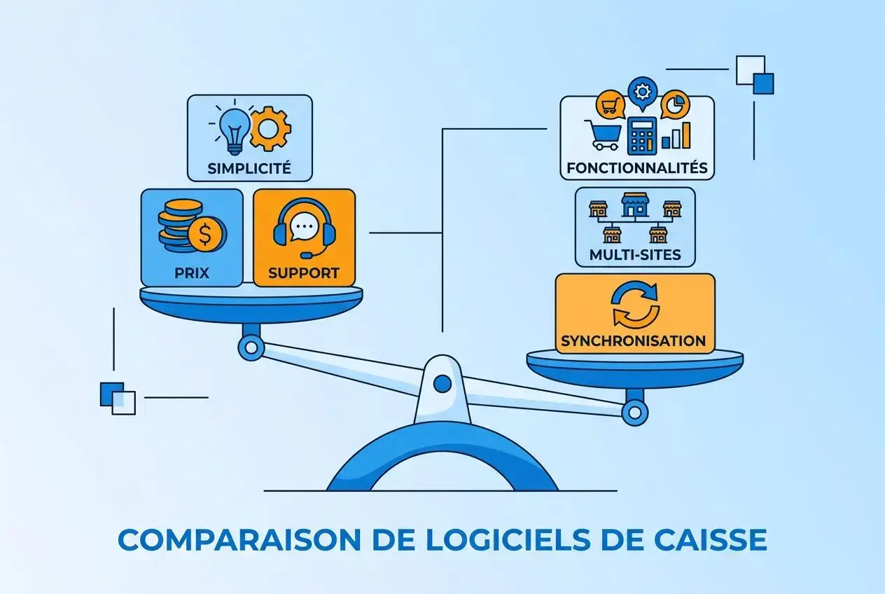 Comparaison de logiciels de caisse: balances des fonctionnalités comme simplicité, prix et support, avec synchronisation et multi-sites. logo « logiciel caisse ecommerce intégré ».