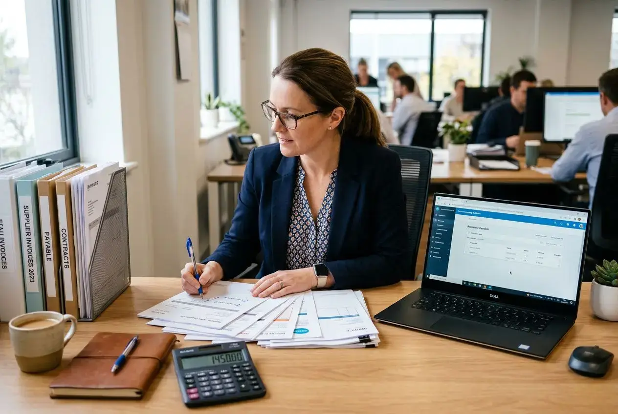 Consultante au bureau, elle supervise des factures, notes et écran de logiciel de comptabilité sur son laptop.