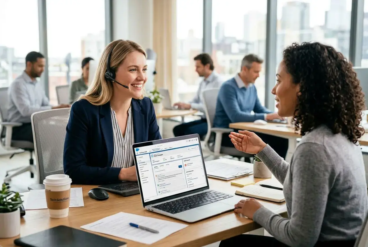 Deux conseillères clientèle discutent, l’une au casque souriante près d’un ordinateur portable; ambiance bureau dynamique.
