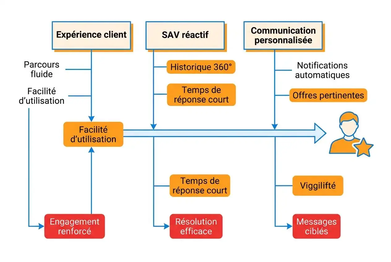 Diagramme de parcours client montrant Expérience client, SAV réactif et Communication personnalisée menant à Facilité d’utilisation, Engagement renforcé, Temps de réponse court, Résolution efficace, et Messages ciblés. pourquoi fidéliser ses clients est essentiel