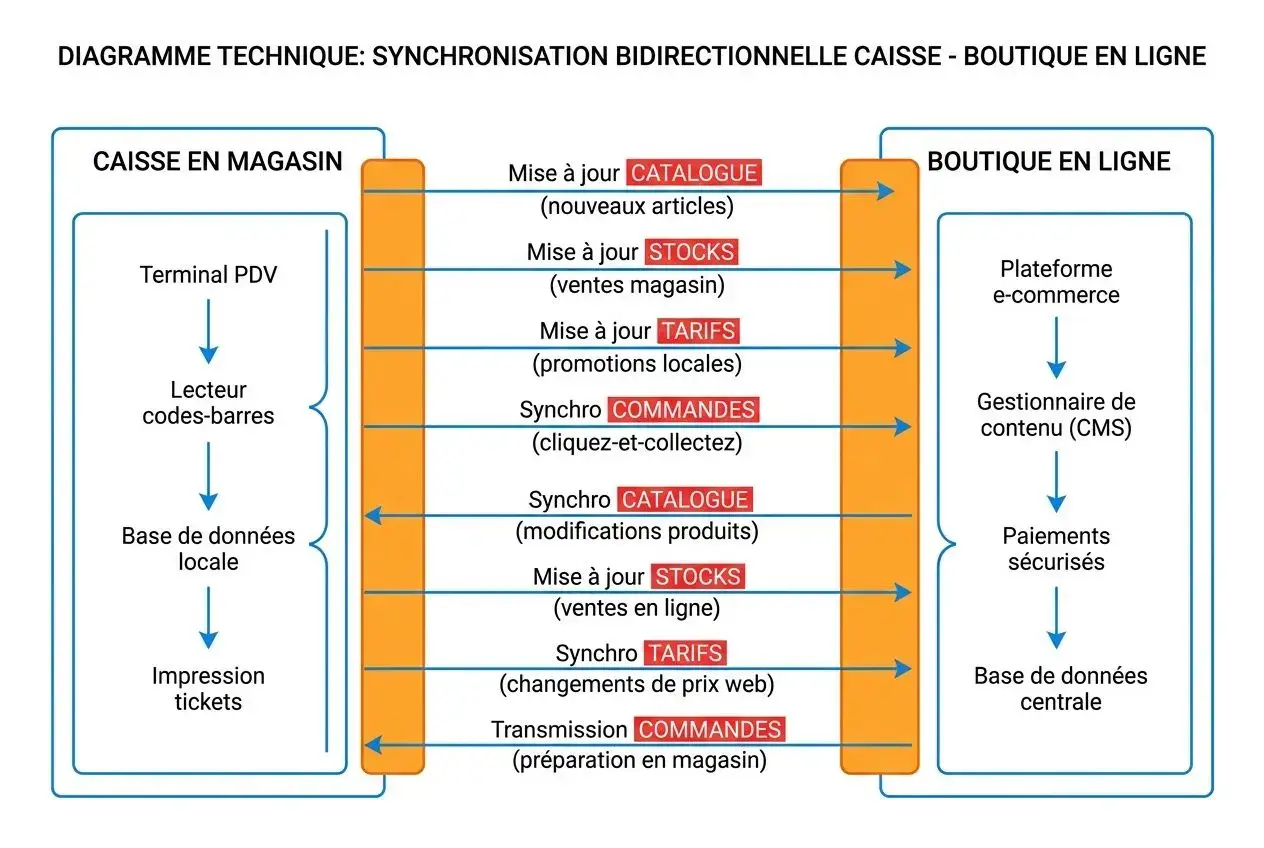 Diagramme technique montrant la synchronisation bidirectionnelle caisse entre caisse en magasin et boutique en ligne, incluant catalogue, stocks, tarifs, commandes et transmissions. Alt: logiciel caisse ecommerce intégré.