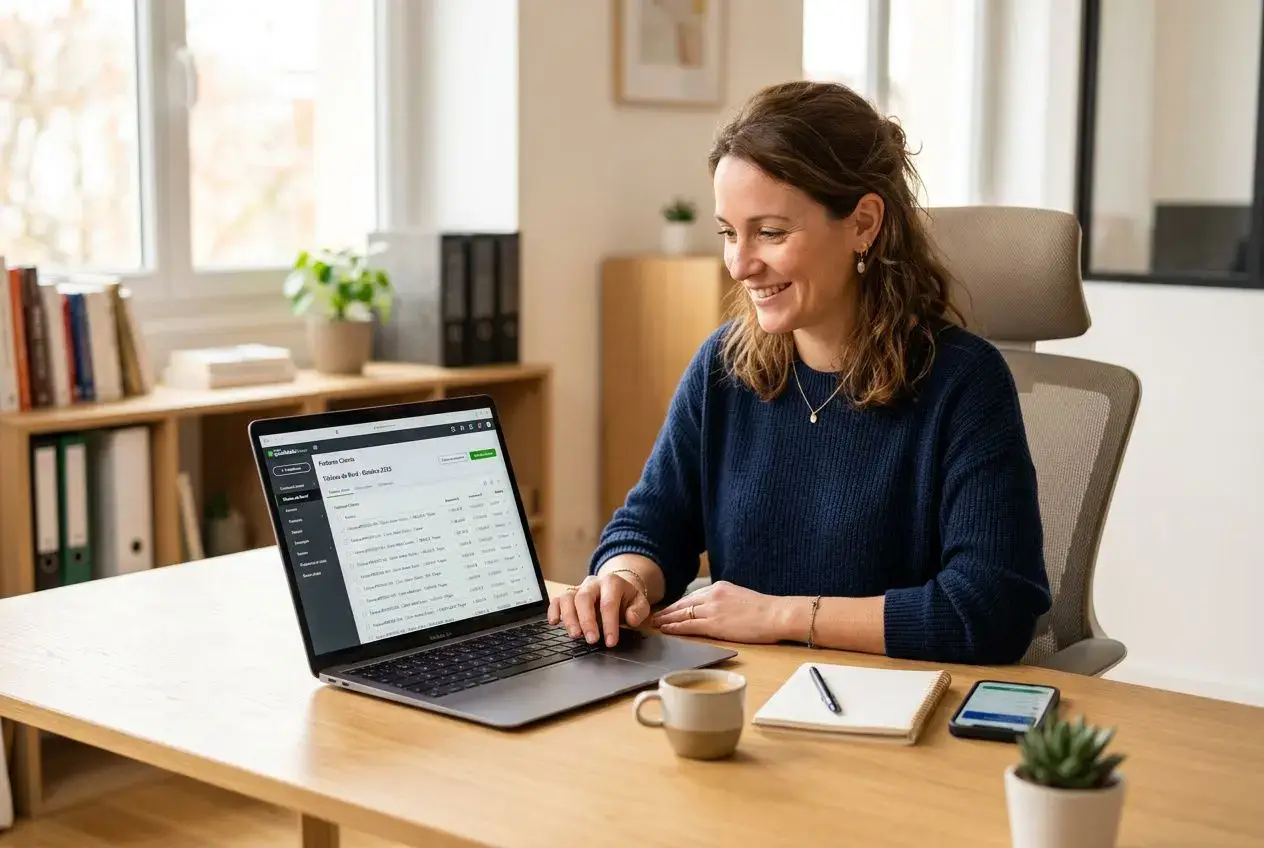 Une femme sur un bureau utilise un ordinateur portable pour la facturation électronique, avec carnet et tasse à café. Les 10 meilleurs logiciels pour la facturation électronique pourraient faciliter son travail.
