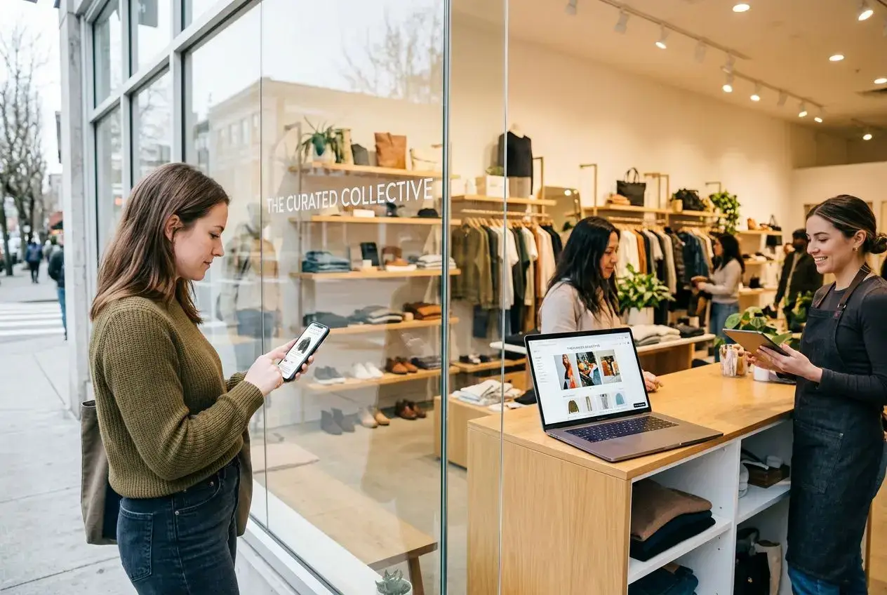 Femme utilisant son téléphone devant une boutique avec vitrine, une autre vendeuse derrière le comptoir d’un magasin et un ordinateur portable sur le comptoir. c'est quoi le commerce omnicanal.