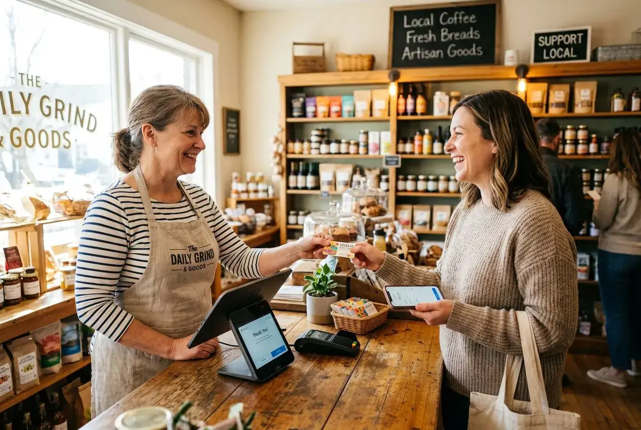 Femme vendeuse en boutique donne un produit à une cliente, caisse enregistreuse et étalages de produits locaux en arrière-plan. fidélation clientèle petite entreprise.