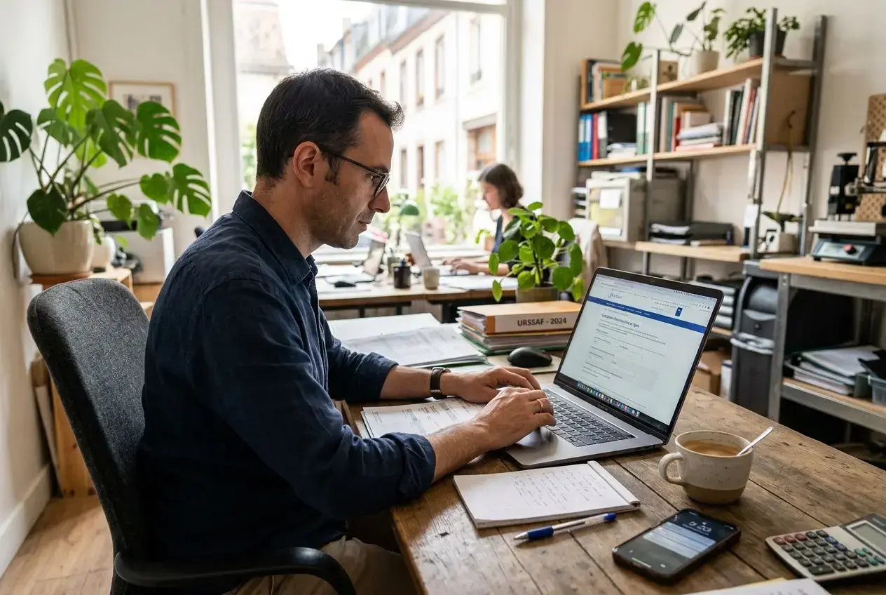Homme travaillant sur un ordinateur portable dans un bureau, près de plantes et de rayonnages; ambiance professionnelle et calme. Déclarations urssaf obligatoires pour les tpe en france