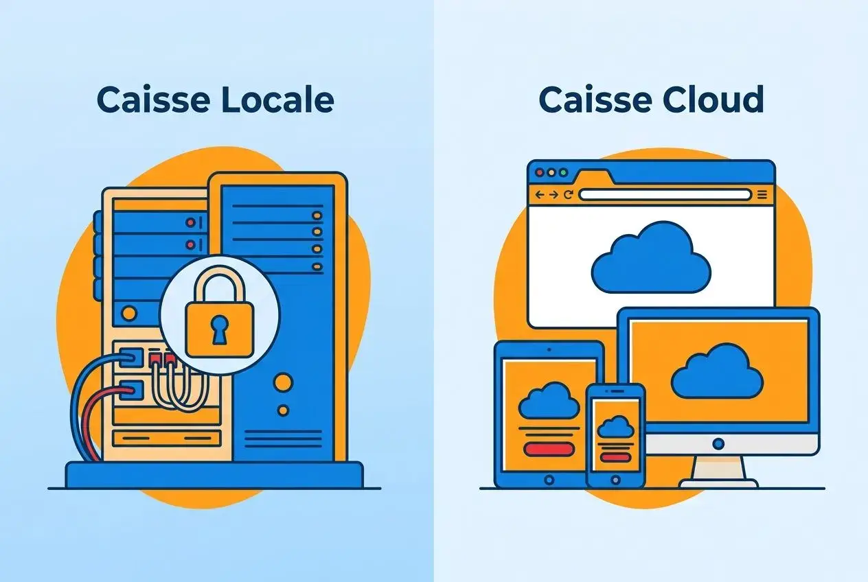 Illustration comparing solutions: Caisse Locale avec serveur et cadenas; Caisse Cloud montrant divers écrans et appareils. Logiciel caisse avec gestion stocks inclus.