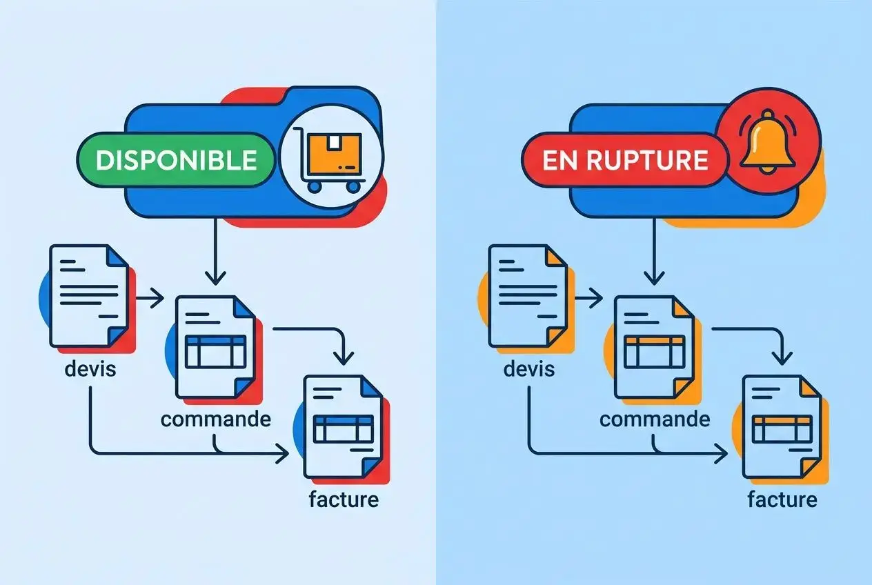 Images montrant deux états: « Disponible » et « En rupture ». À gauche, flux de devis → commande → facture sous une étiquette verte « Disponible ». À droite, flux similaire sous une étiquette rouge « En rupture », avec icône de cloche. -> Intégration du mot-clé: alertes rupture stock automatiques.
