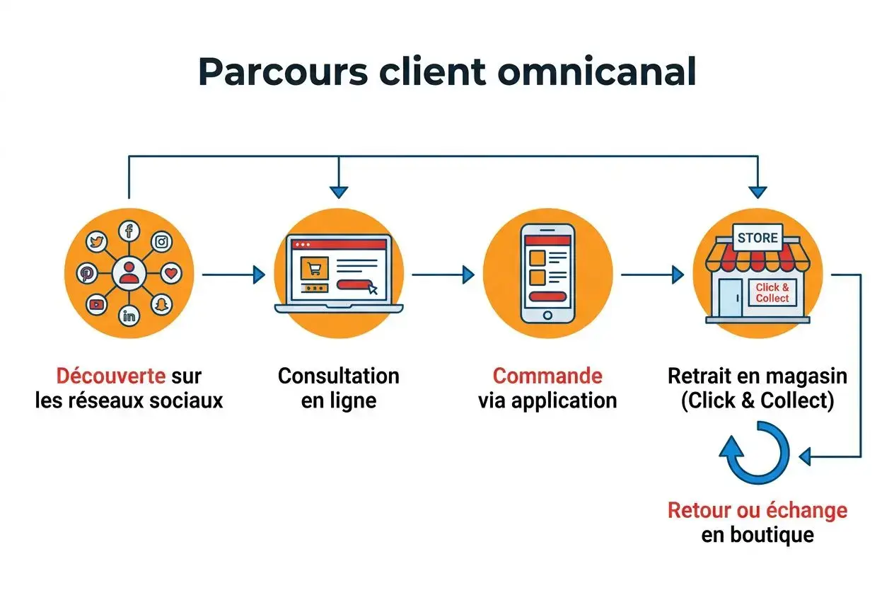 Parcours client omnicanal: découverte sur les réseaux sociaux, consultation en ligne, commande via application, retrait en magasin (Click & Collect) puis retour ou échange en boutique.