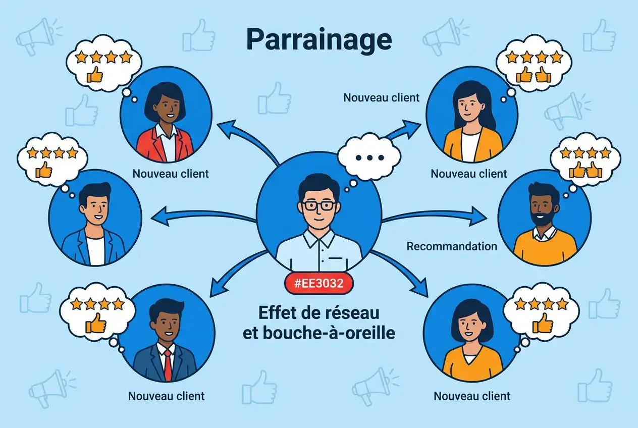 Parrainage illustré: un réseau d’embranchements avec un central représentant un homme évoquant l’effet de réseau et bouche-à-oreille, multipliant les nouveaux clients et recommandations. pourquoi fidéliser ses clients est essentiel