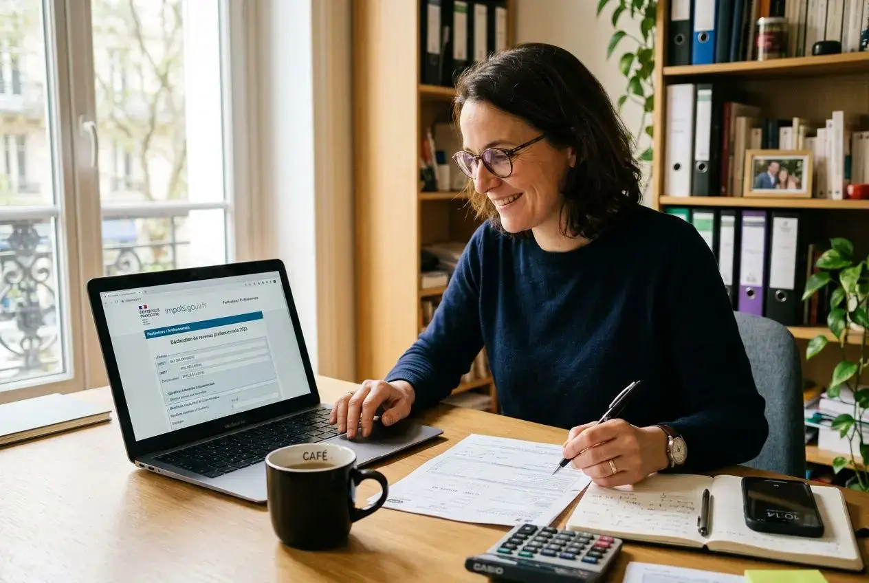 Professionnelle assise à son bureau, ordinateur ouvert montrant une page de déclaration, en train de noter et calculer sa TVA pour les TPE en France. Déclaration de la TVA pour les TPE en France.