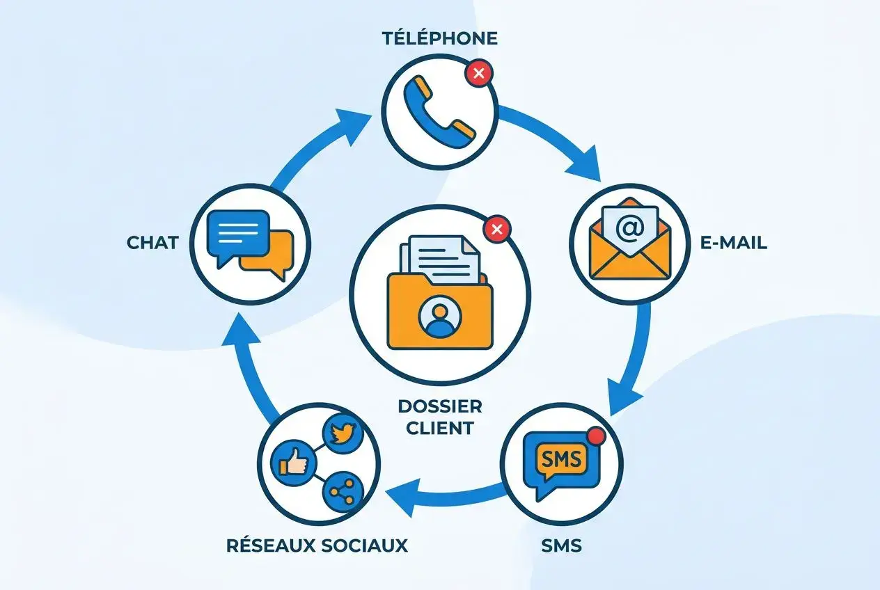 Schéma illustrant le parcours client SAV: téléphone, e-mail, SMS, réseaux sociaux et chat convergeant vers un dossier client central pour améliorer le SAV. Comment améliorer mon SAV.
