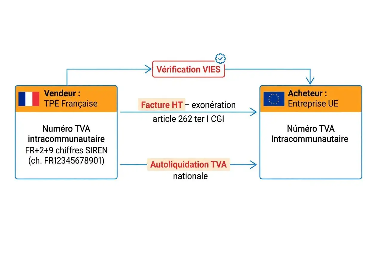 Schéma simplifié de la vérification VIES et des flux TVA entre vendeur TPE française et acheteur UE, incluant numéro TVA intracommunautaire et autoliquidation TVA. Décompte visuel: vérification VIES, facture HT, autoliquidation TVA nationale. intégration naturelle: "déclaration de la tva pour les tpe en france" mentionnée comme cadre.