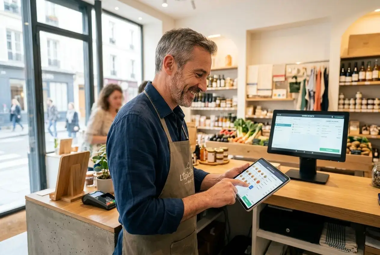 Vendeur en caisse utilisant une tablette et un terminal de paiement dans une boutique, démontrant un système de caisse moderne. r é tab l i s s e m e n t d e l ’ u t i l i s a t i o n d e s l o g i c i e s d e c a i s s e a u t o - c e r t i f i é s.