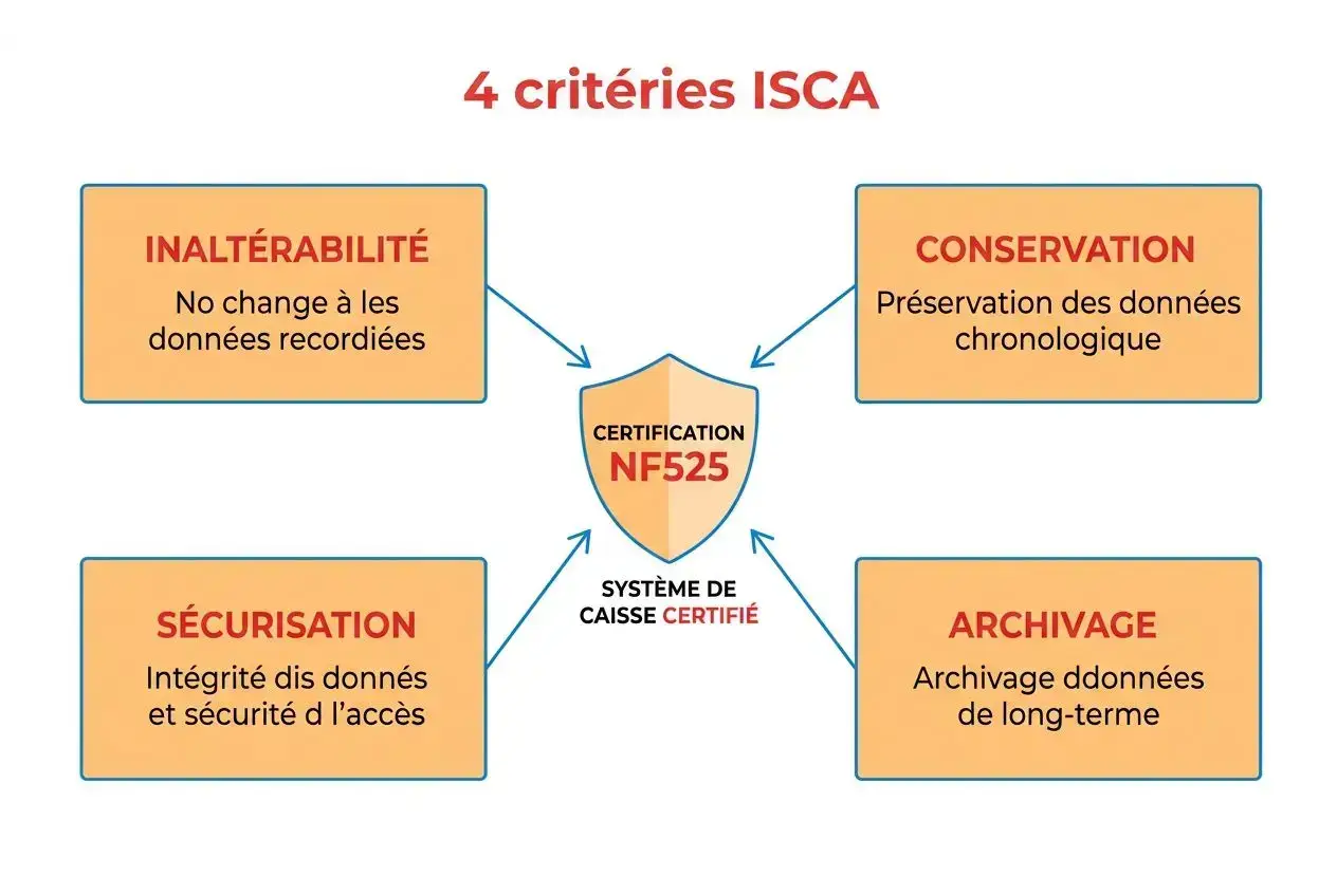 4 critères ISCA autour d’un logo NF525 au centre, reliés par flèches vers quatre blocs orange: Inaltérabilité, Conservation, Sécurisation et Archivage.