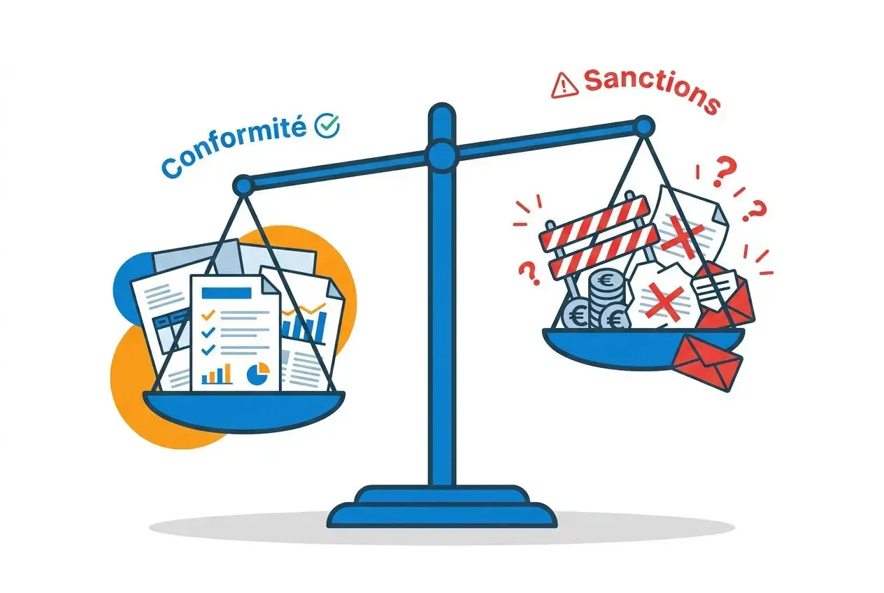 Balance illustrant les « déclarations sociales obligatoires entreprise », avec documents et chiffres d’un côté et symboles d’erreurs et sanctions de l’autre.