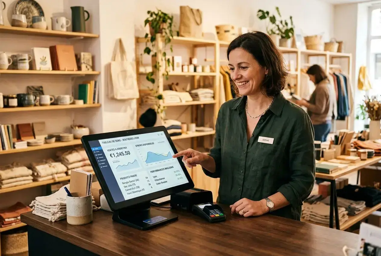 Caissière souriante utilisant un logiciel de caisse multi-magasi sur un écran tactile, dans une boutique accueillante avec rayons et produits.