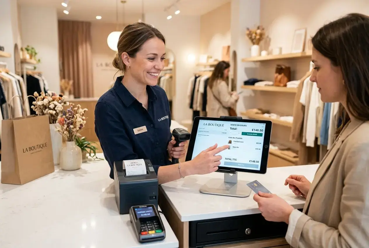 Caissière souriante utilise une tablette POS dans une boutique, avec terminal de paiement et sac à prolixe sur le comptoir. intégré: logiciel caisse enregistreuse commerce de détail.