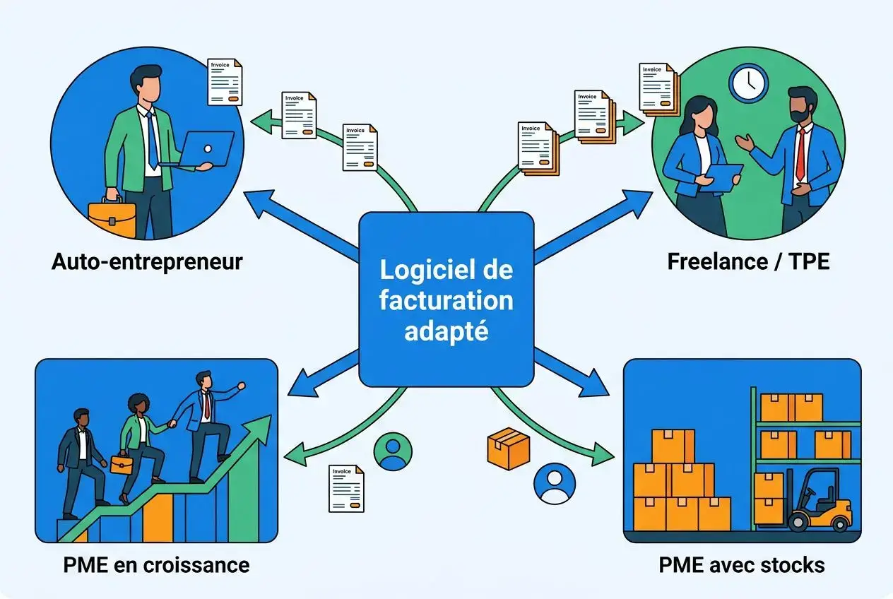 Centre: “Logiciel de facturation adapté” avec flèches vers Auto-entrepreneur, Freelance/TPE, PME en croissance et PME avec stocks; icônes de devis et factures. Inclut contexte “meilleur logiciel de gestion devis et factures”.