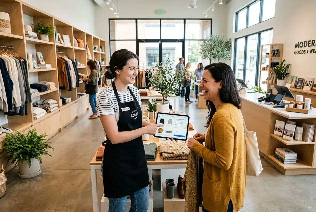 Deux vendeurs en magasin échangent autour d’une tablette, sourire et conseils, ambiance chaleureuse avec étagères et articles de mode en arrière-plan. Avantages d'une stratégie omnicanal évoqués indirectement par l’interaction client-vendeur.