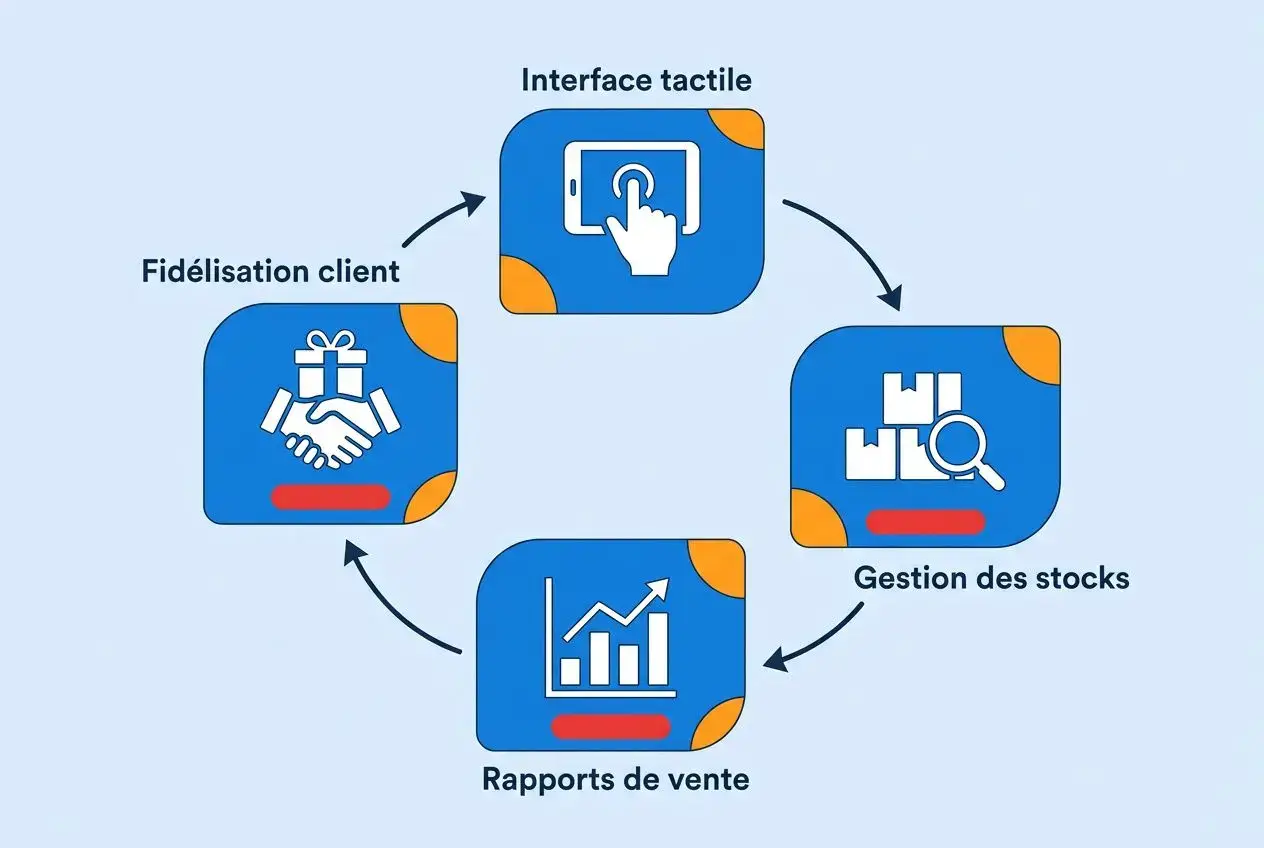 Diagramme circulaire illustrant un logiciel caisse enregistreuse commerce de détail: Interface tactile, Gestion des stocks, Rapports de vente, Fidélisation client.