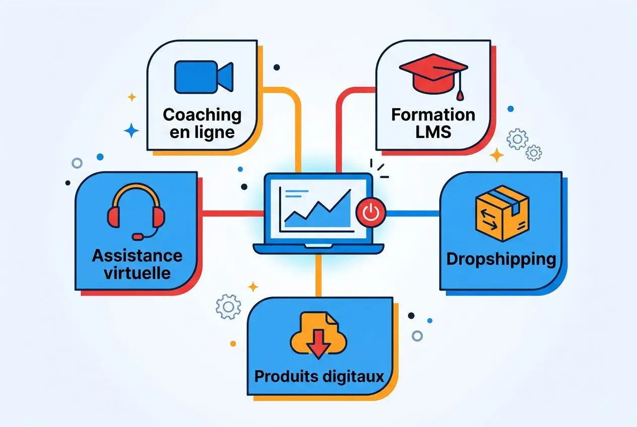 Diagramme illustrant des services en ligne pour une petite entreprise rentable sans agrandissement, avec coaching en ligne, formation LMS, assistance virtuelle, dropshipping et produits numériques.