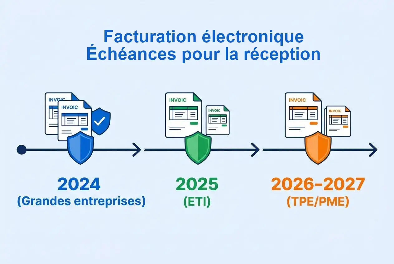 Facturation électronique et échéances de réception: 2024 grandes entreprises, 2025 ETI, 2026-2027 TPE/PME, avec icônes de factures et sceaux. Facturation électronique et échéances de réception: 2024 grandes entreprises, 2025 ETI, 2026-2027 TPE/PME, avec icônes de factures et sceaux.
