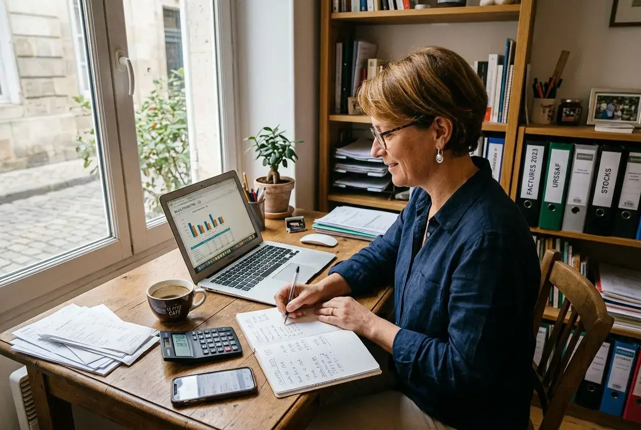 Une femme âgée travaille à domicile, écrivant sur un carnet près d’un ordinateur portable et d’un smartphone, avec des documents et une calculatrice sur le bureau.