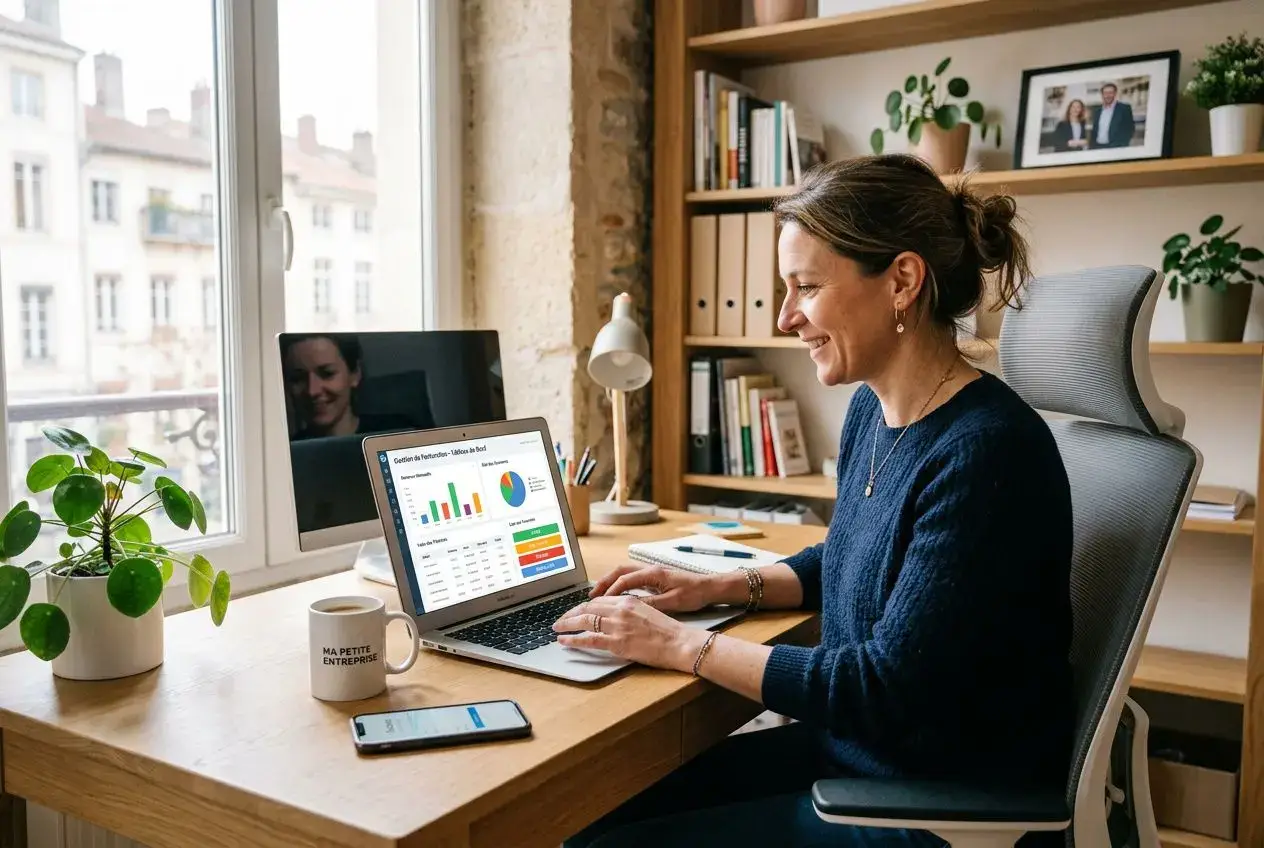 Femme au bureau analysant des graphiques sur un laptop, avec smartphone et tasse, près d’une fenêtre lumineuse. meilleur logiciel de gestion devis et factures.