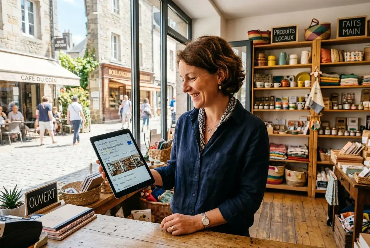 Femme comerciante souriante tenant une tablette dans une boutique locale, affichant des produits et signaux locaux, ambiance chaleureuse et réseau local. Développer son entreprise localement en france.