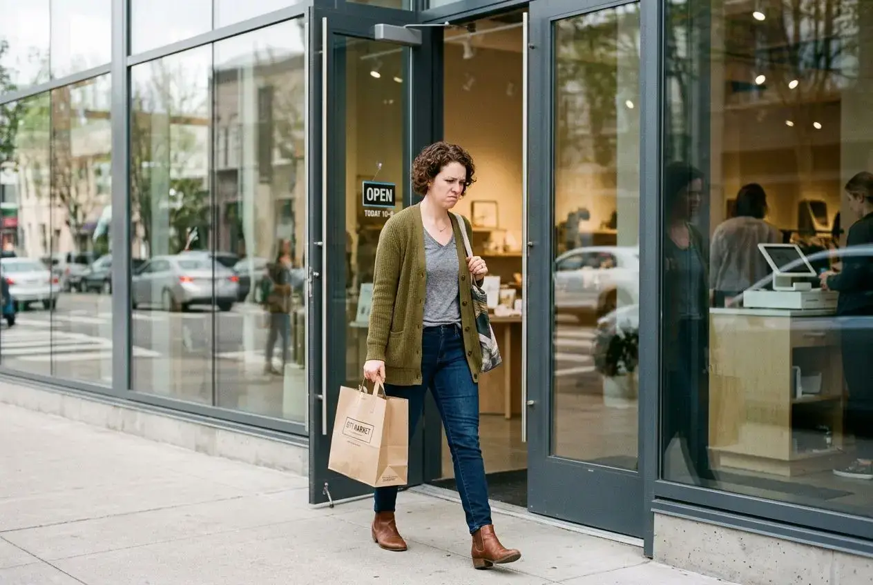 Femme sortant d’un magasin avec sac en papier, portant veste verte et jeans, devant une façade vitrée. Pourquoi les clients partent intégré.