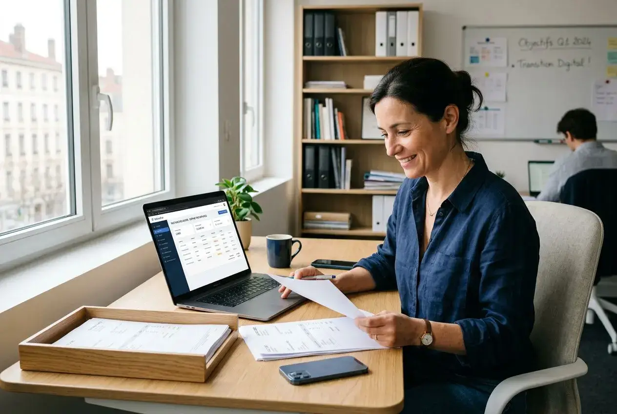 Une femme souriante travaille à son bureau près d’une fenêtre, utilisant un ordinateur portable et examinant des documents papier.
