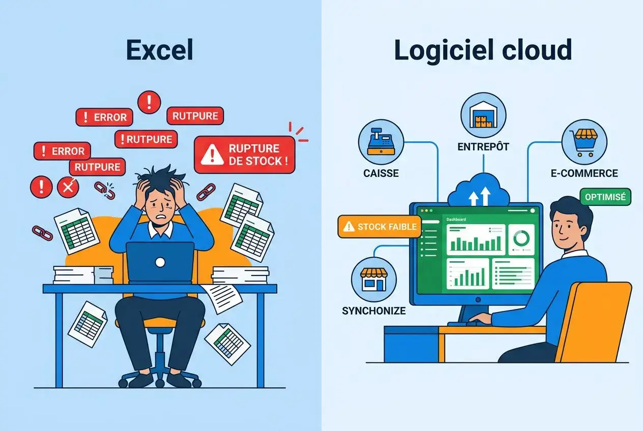 Personne débordée devant un ordinateur avec des alertes “rupture de stock” et documents volants; à droite, personne utilisant un logiciel cloud pour synchroniser et optimiser les stocks et approvisionnements.