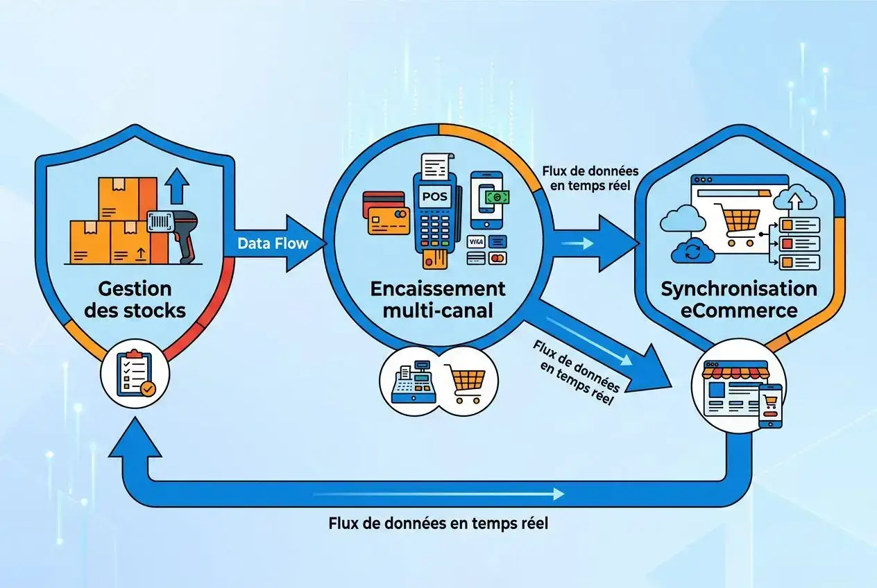 Processus illustré d’un logiciel de caisse multi-magasins: gestion des stocks, encaissement multi-canal et synchronisation eCommerce, flux de données en temps réel.