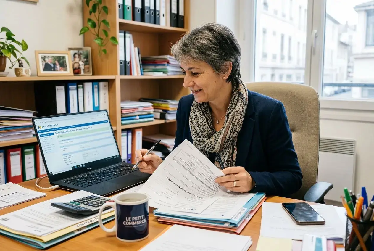 Une professionnelle assise à son bureau, consulte un document papier et son ordinateur portable, entourée de dossiers et de matériel de bureau. intégration du mot-clé: déclarations sociales obligatoires entreprise.