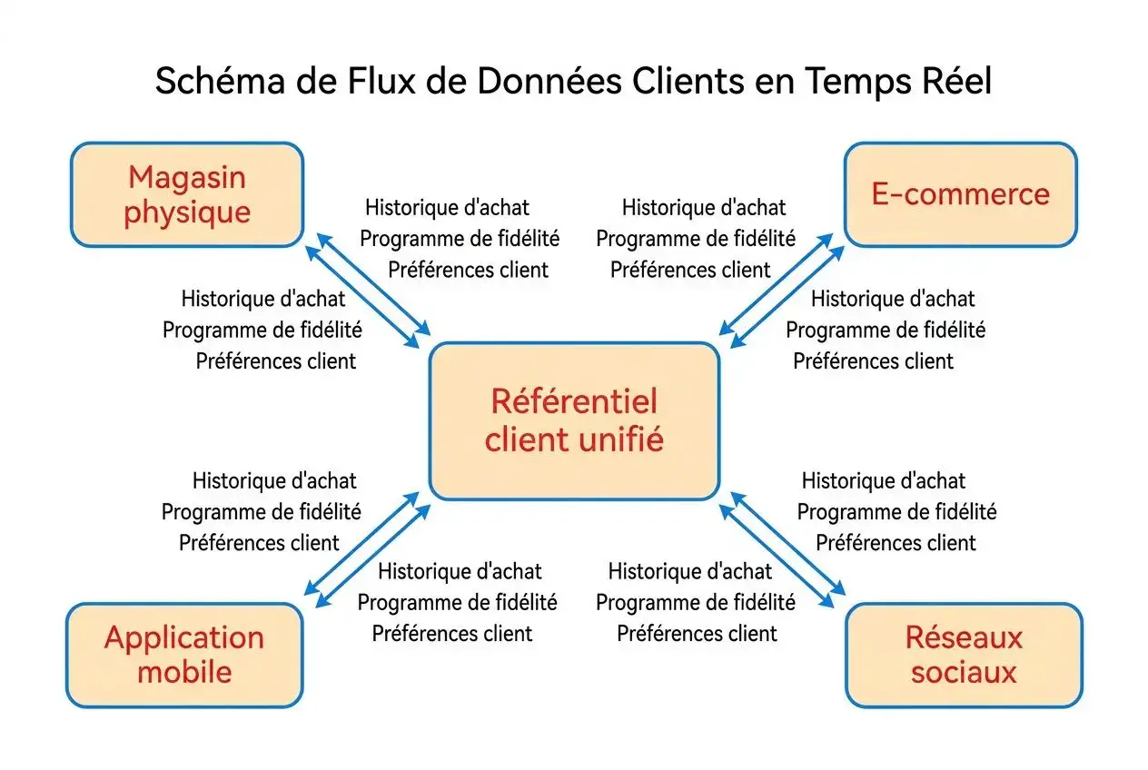 Schéma montrant un référentiel client unifié au centre, relié à magasins physiques, e-commerce, application mobile et réseaux sociaux, avec historiques d’achat, programmes de fidélité et préférences client. Avantages d'une stratégie omnicanal visibles.