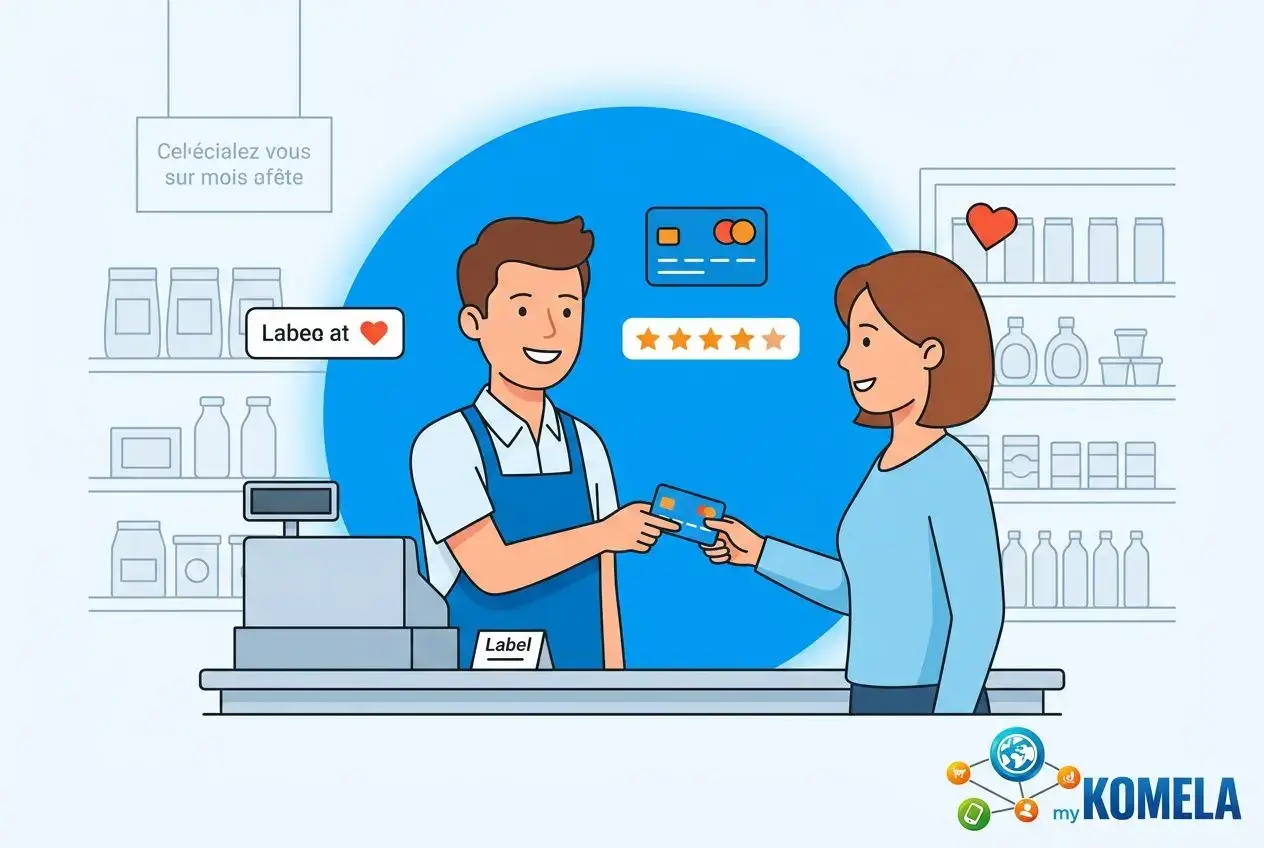 Caissier souriant remet une carte à une cliente dans une boutique, fond bleu et logos Komela. intégré: comment développer une petite entreprise.
