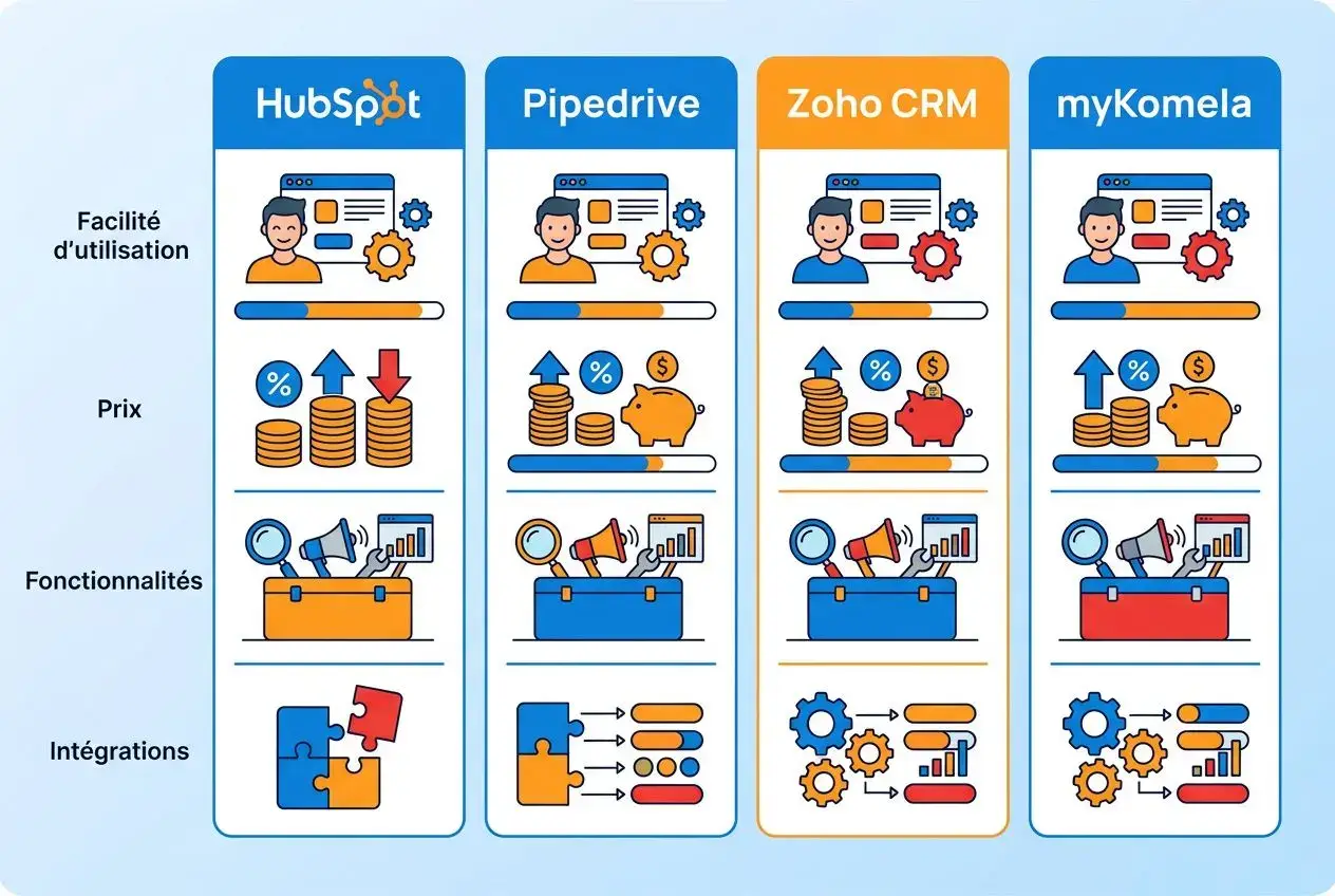 Comparatif visuel de quatre CRM : HubSpot, Pipedrive, Zoho CRM et myKome la facilité d’utilisation, prix, fonctionnalités et intégrations présentés en pictogrammes. logiciel crm petite entreprise.