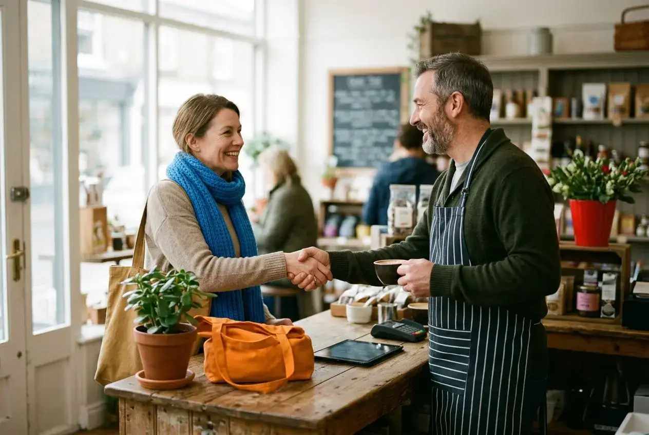 Deux clients échangent une poignée de main amicale au comptoir d'une TPE, ambiance chaleureuse et service personnalisé. En contexte, on voit un commerce de proximité propice à fidéliser ses clients tpe.