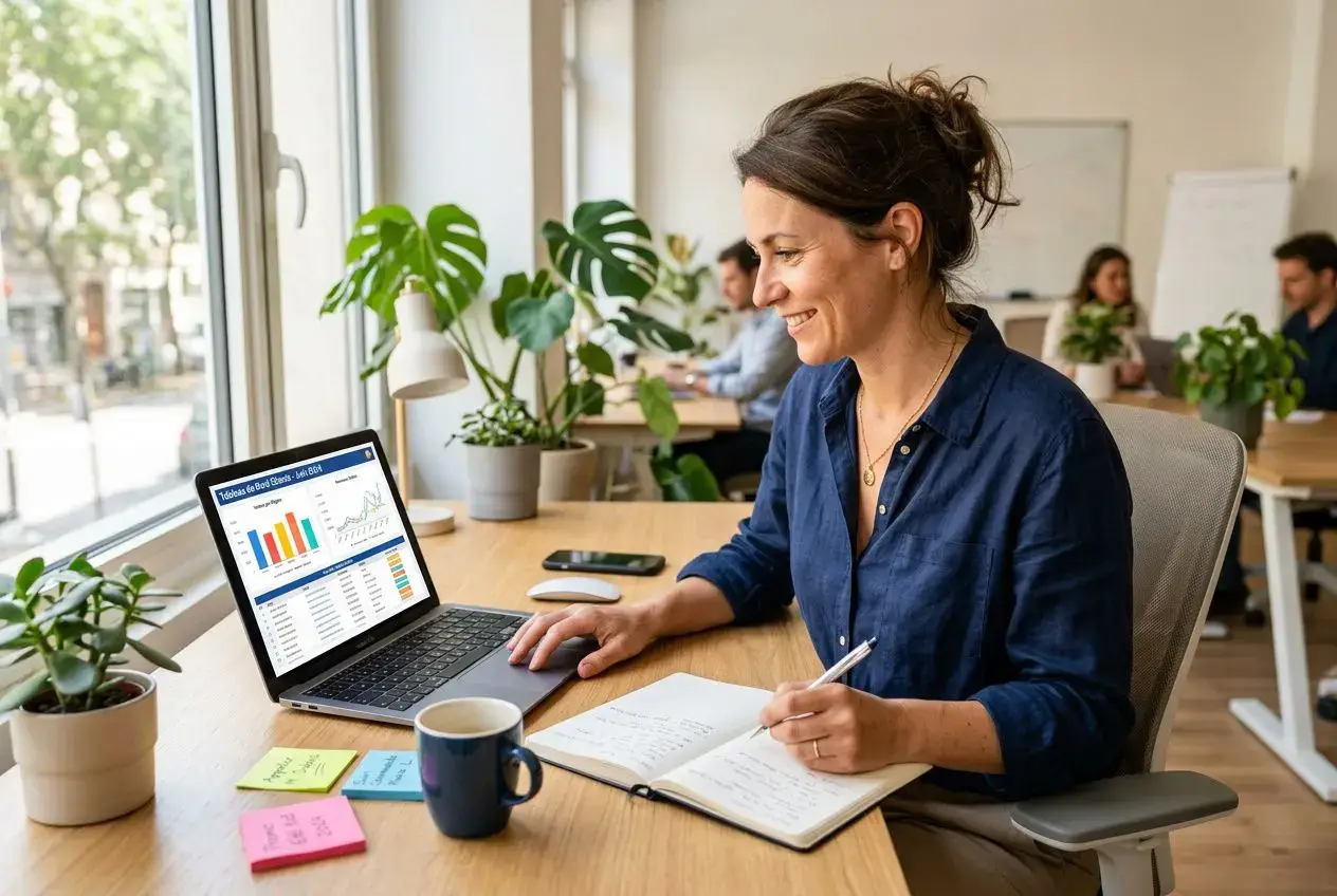 Femme au bureau utilisant un ordinateur portatif affichant des graphiques, avec carnet et tasse à café, ambiance de travail en open space. logiciel crm petite entreprise.