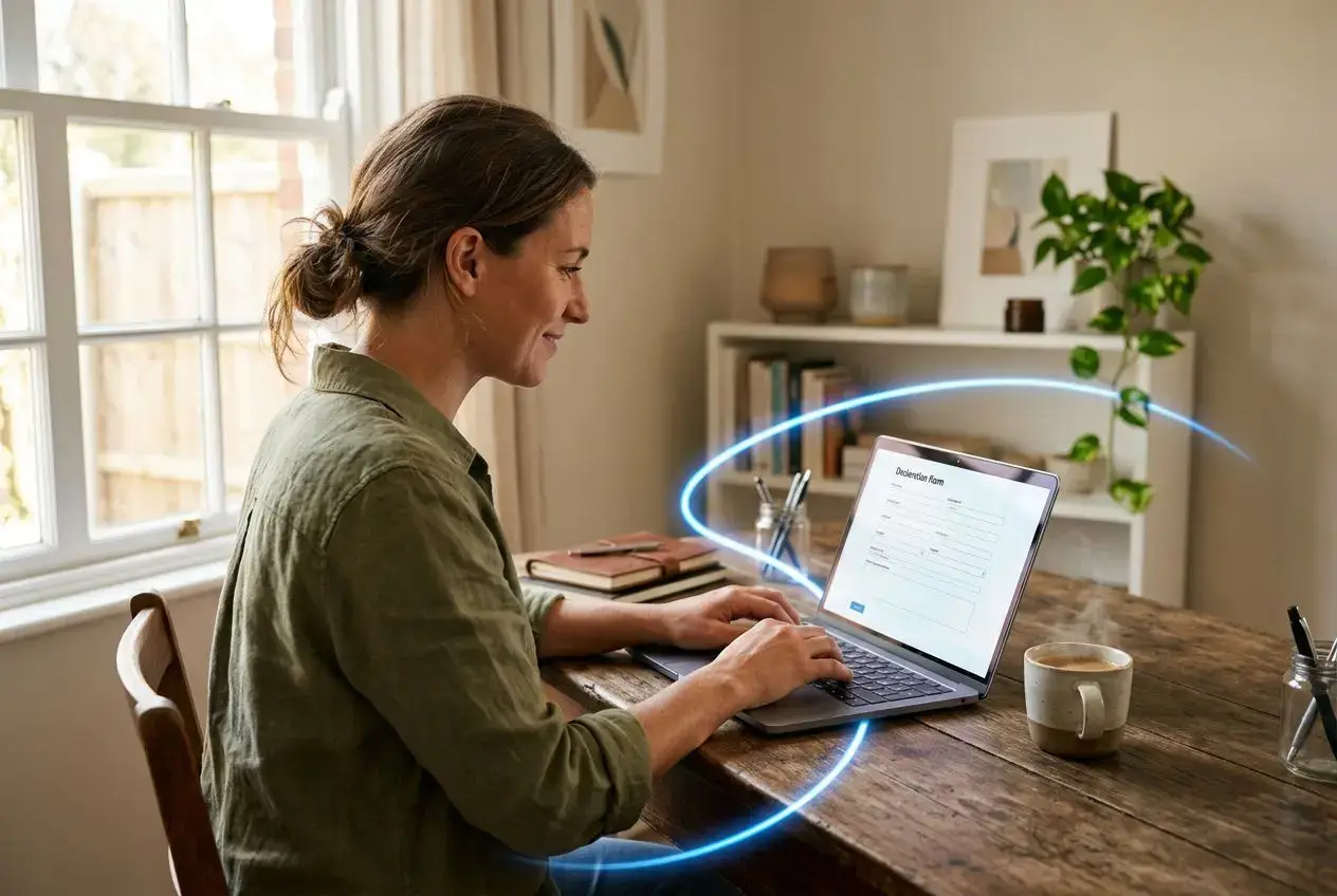 Femme travaillant sur un laptop à domicile, saisissant sa déclaration sociale des indépendants 2026, autour d’un cercle lumineux symbolisant le calcul des cotisations.