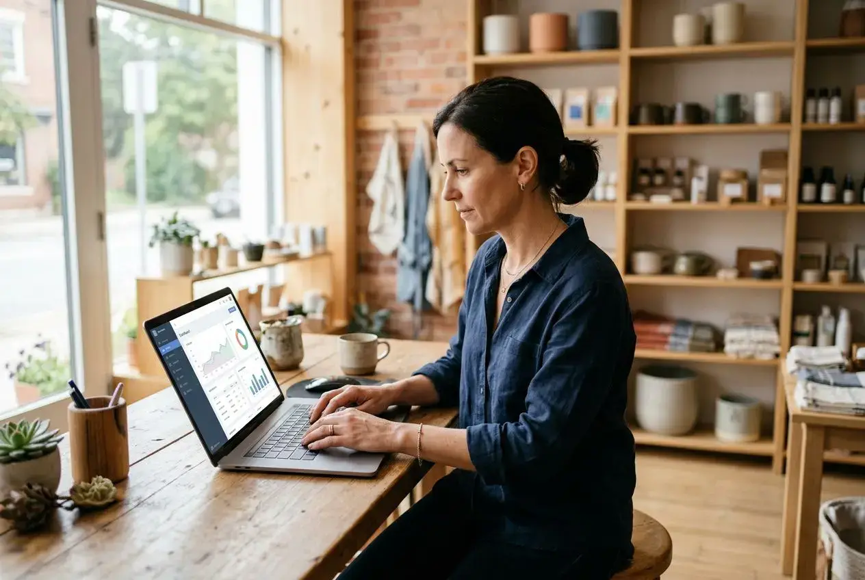 Femme travaillant sur un ordinateur portable dans un atelier, analysant des données et graphiques sur l’écran. accompagnement par le contexte d’un meilleur outil de gestion pour une tpe.