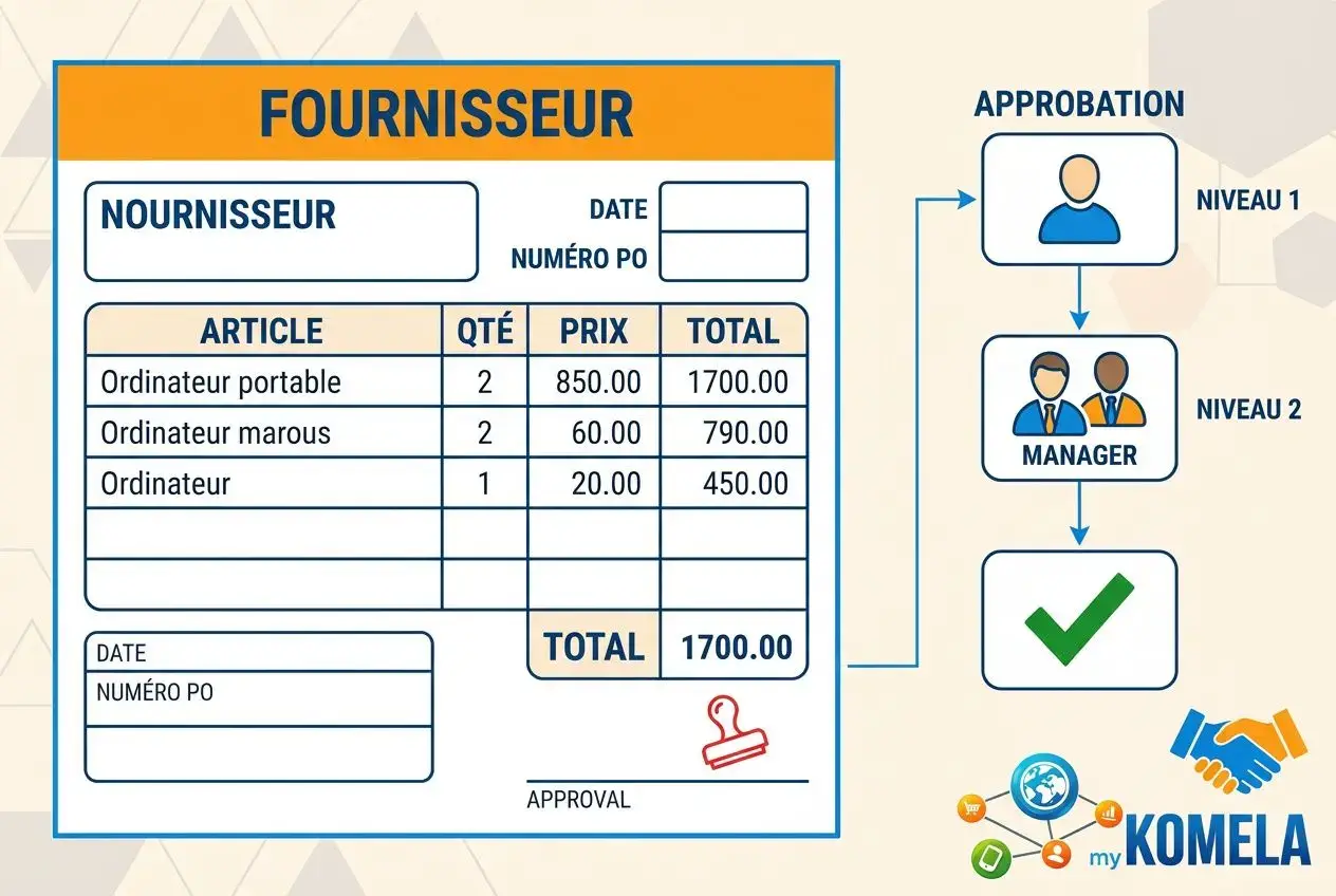 Fournisseur: fiche d’achat avec articles (ordinateur portable, ordinateur marous, autre) et quantités, prix unitaire et total 1700,00; section approbation et logo my KOMELA.