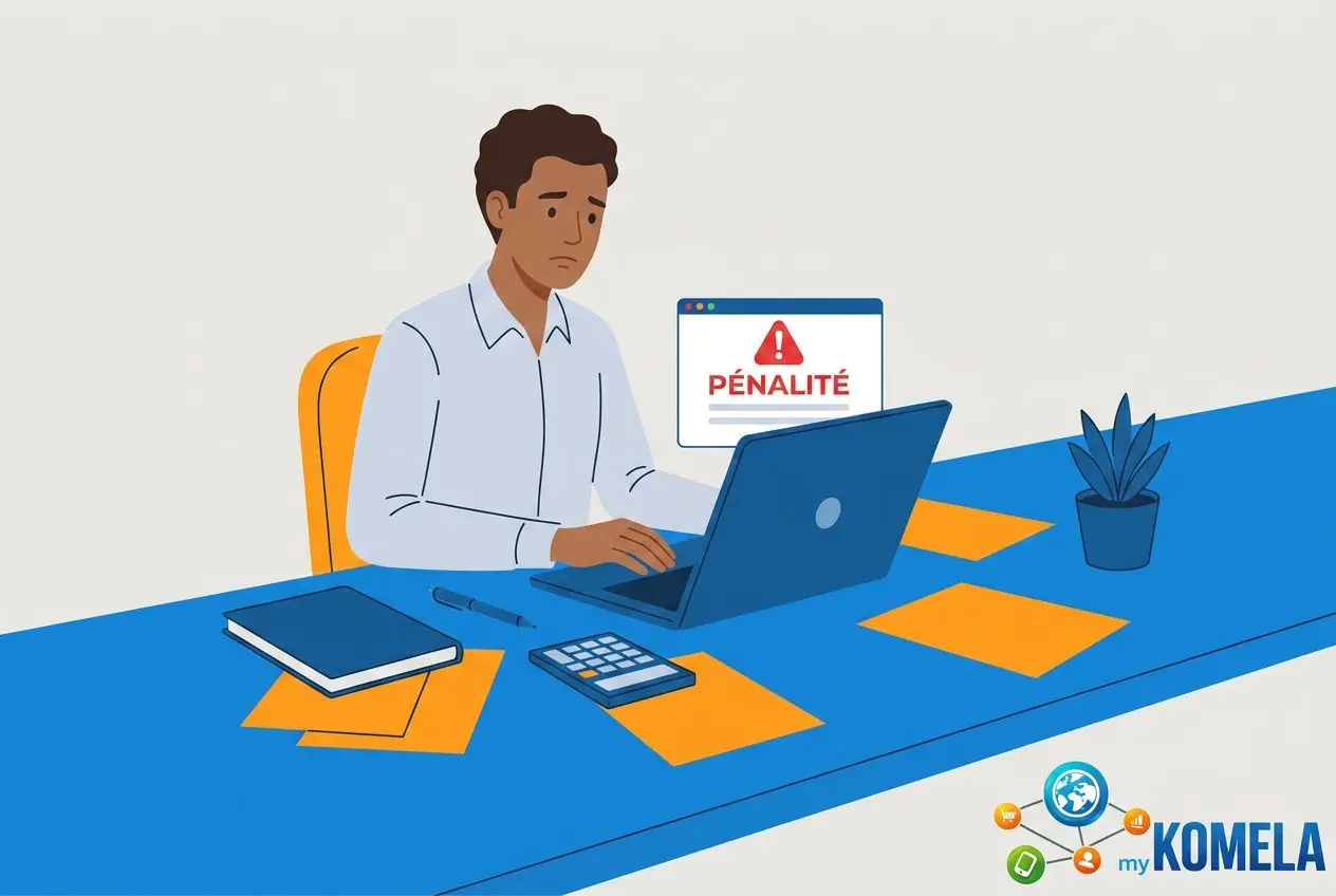 Homme assis à un bureau, ordinateur portable affichant une alerte “PÉNALITÉ”, bureau bleu avec papiers et calculatrice, logo myKOMELA. Erreur déclaration Urssaf auto-entrepreneur